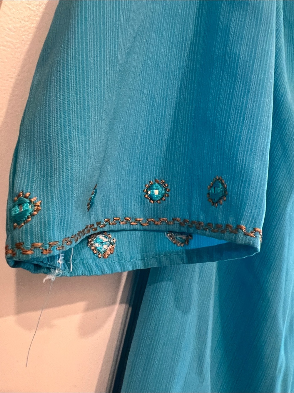 Embroidered Turquoise  Tunic Top with Gold Accents - Picture 8 of 14